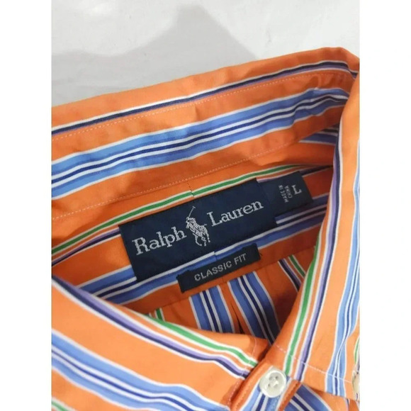 Ralph Lauren Polo Shirt Large Orange Blue Striped Classic Preppy Dress - Picture 5 of 5